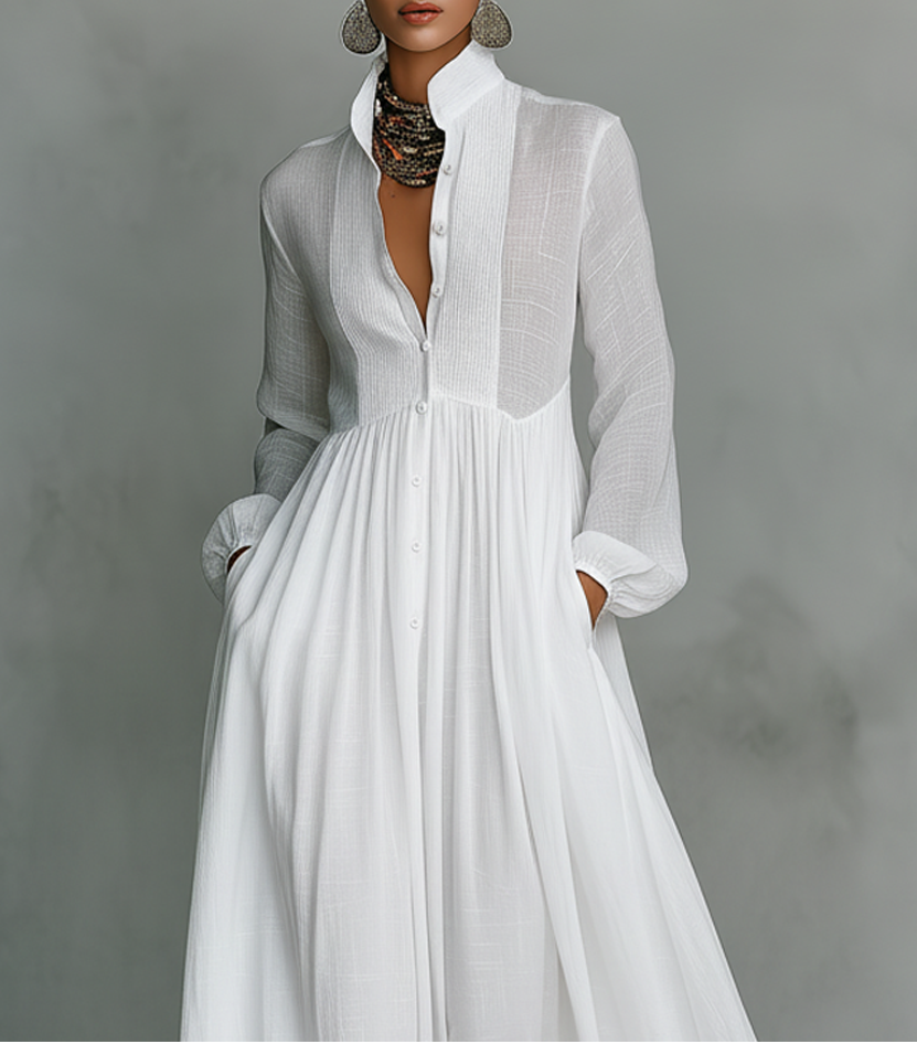 Inés · Vestido maxi blanco de algodón y lino con cuello alto
