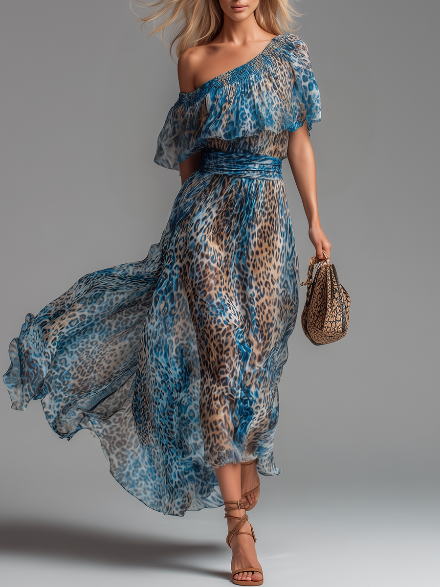 Silvia | vestido chiffon leopardo hombros descubiertos