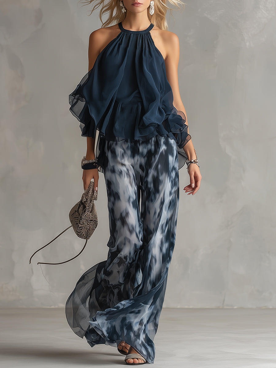 Ludovica | chiffon cuello alto pantalones estampados