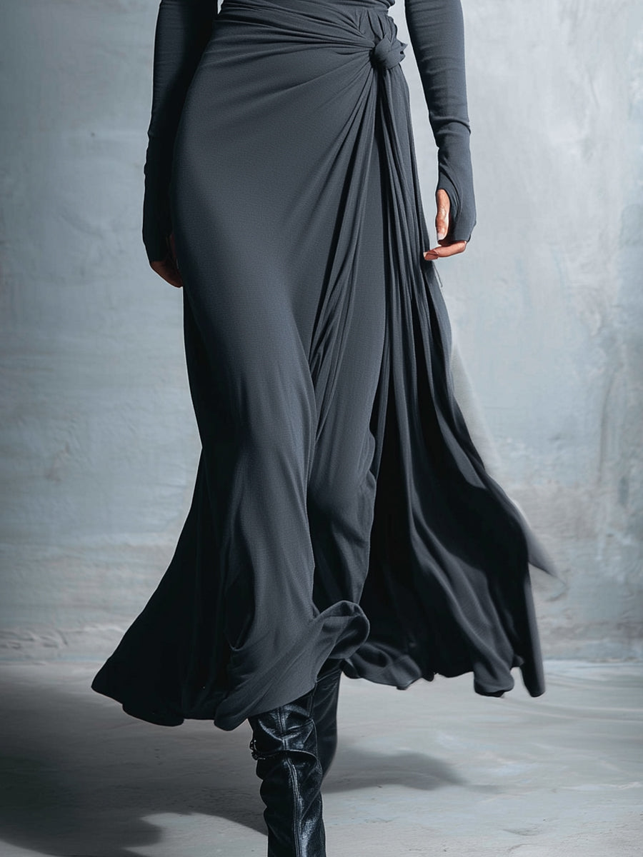 Nuria · Vestido maxi gris con drapeado lateral
