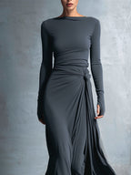 Nuria · Vestido maxi gris con drapeado lateral