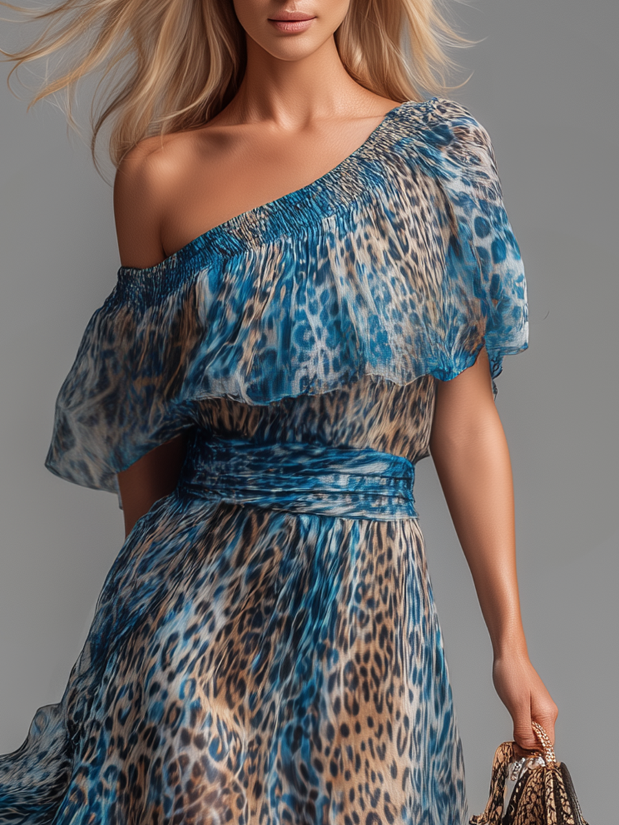Silvia | vestido chiffon leopardo hombros descubiertos
