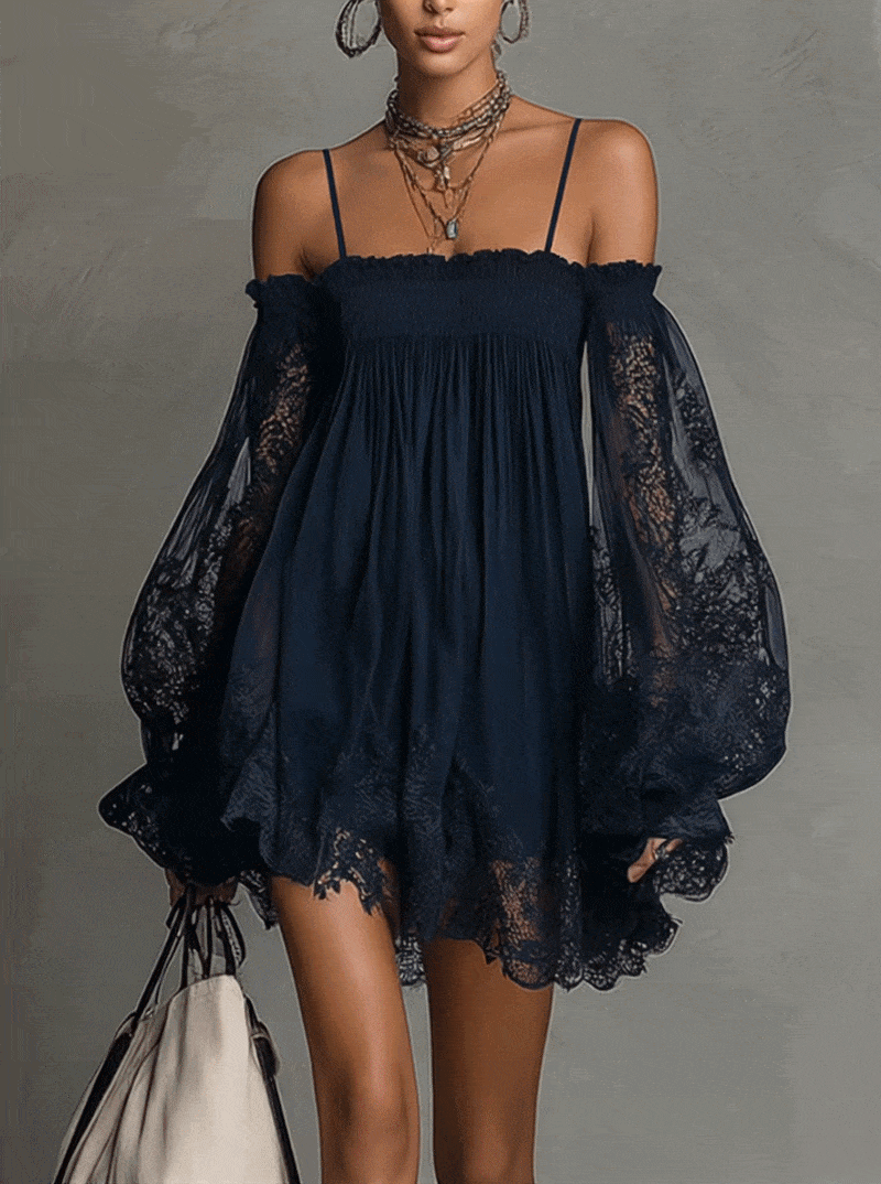 Noemi | vestido chiffon azul encaje transparente