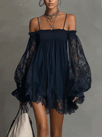Noemi | vestido chiffon azul encaje transparente