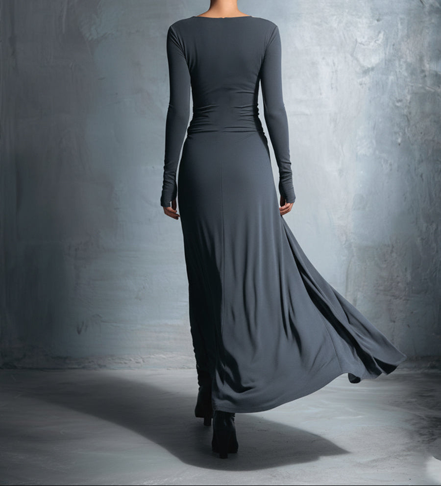 Nuria · Vestido maxi gris con drapeado lateral
