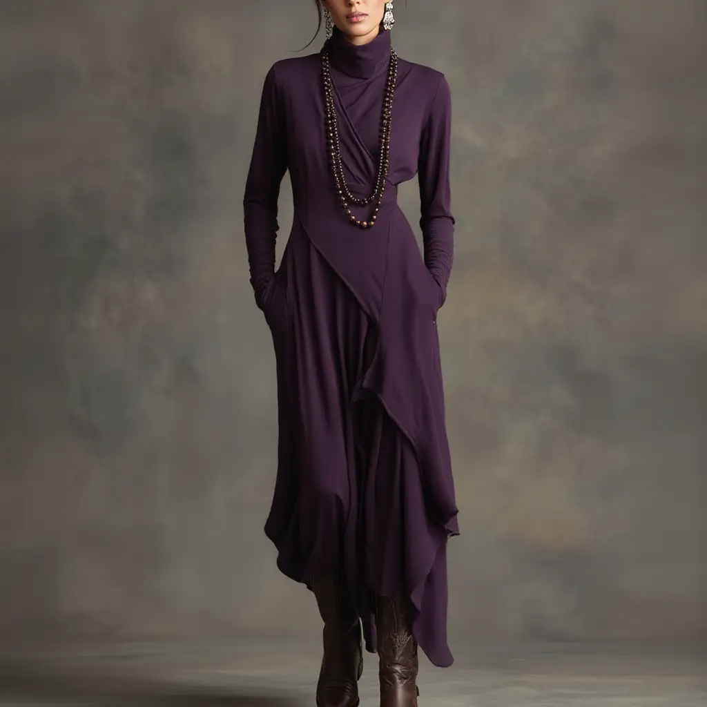 Sandra | Vestido maxi plisado asimétrico de cuello alto