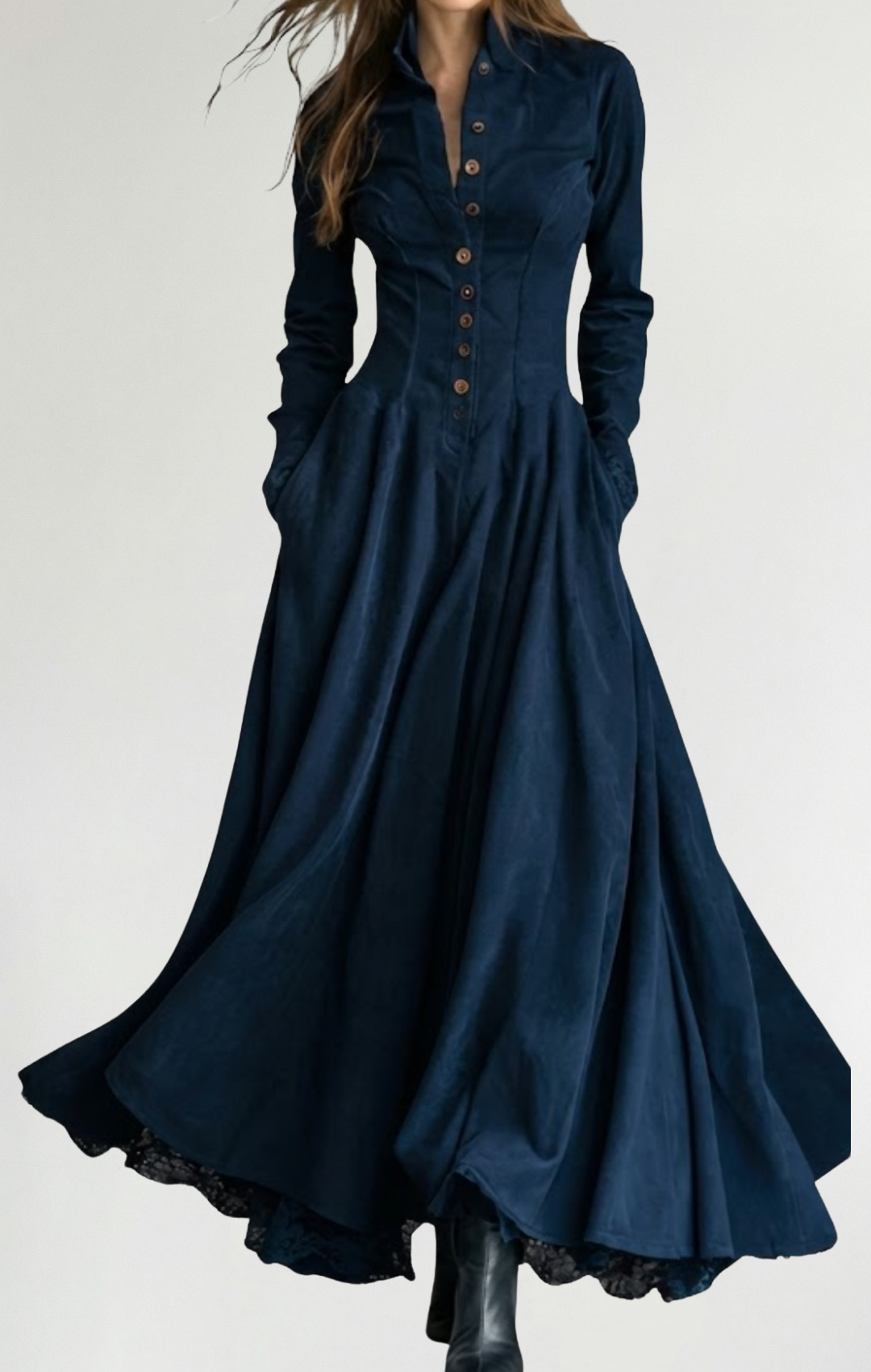 Verónica | Vestido largo con cuello camisero y encaje