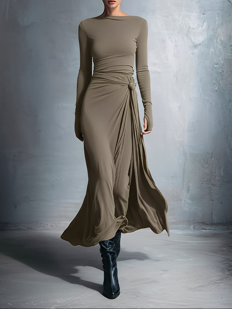 Nuria · Vestido maxi gris con drapeado lateral